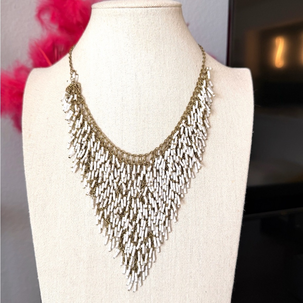 Gold and White Beaded Fringe Necklace